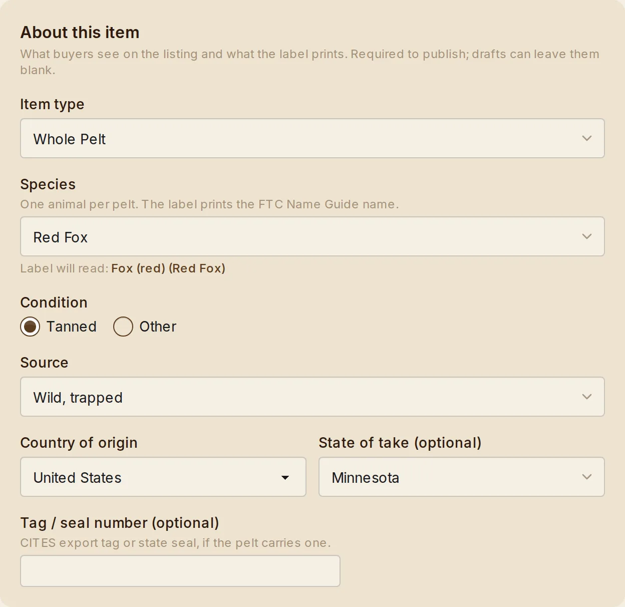 The listing form's About this item section: item type, species with its FTC label name, condition, source, and origin