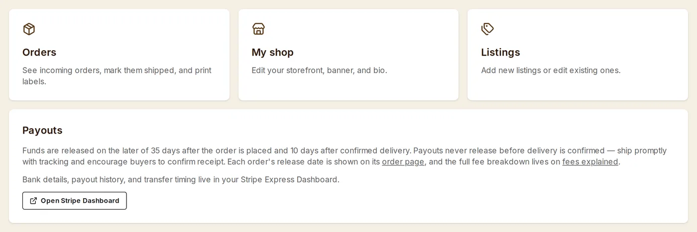 The seller dashboard: orders, shop and listings, and how payouts work