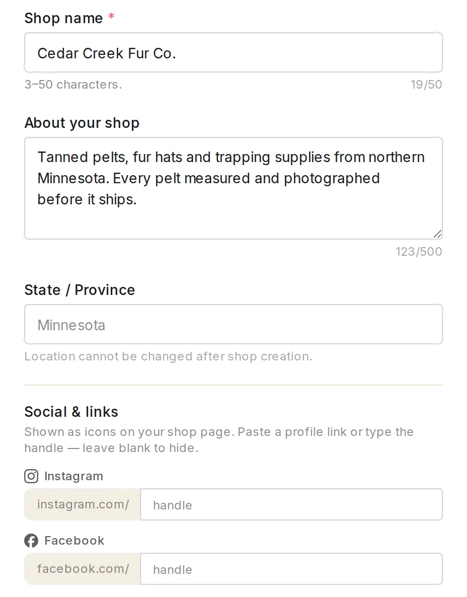 The shop details form: shop name, about your shop, state, and social links